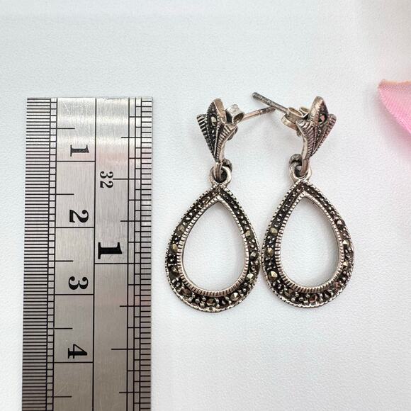 Vintage Marcasite Fleur de Lis 925 CN Sterling Silver Teardrop Earrings Tested - Picture 7 of 10
